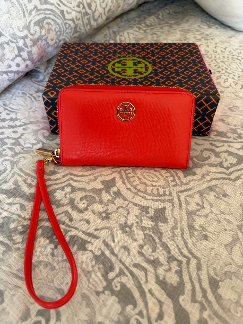 Tory Burch Red Saffiano Leather Wristlet with Logo Accent
